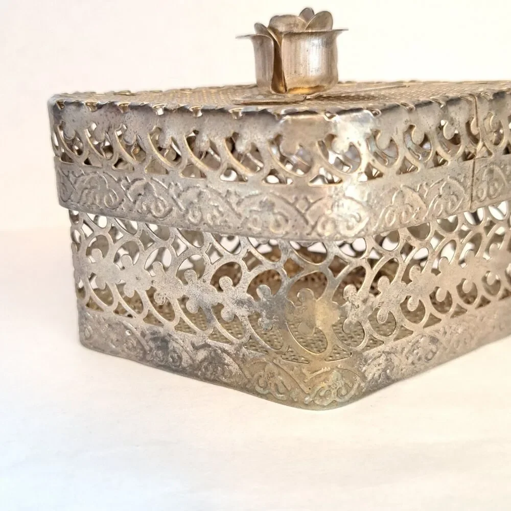 Vintage Metal Box Container Filigree Trinket with Lid and Rose on Top